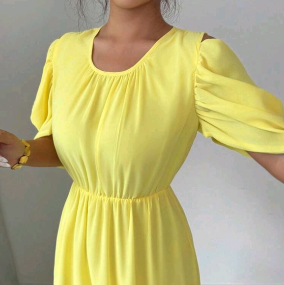 Women's Ruffle Shoulder Sleeve Patchwork Hem Yellow Chiffon Dress, French Refres - Picture 6 of 6